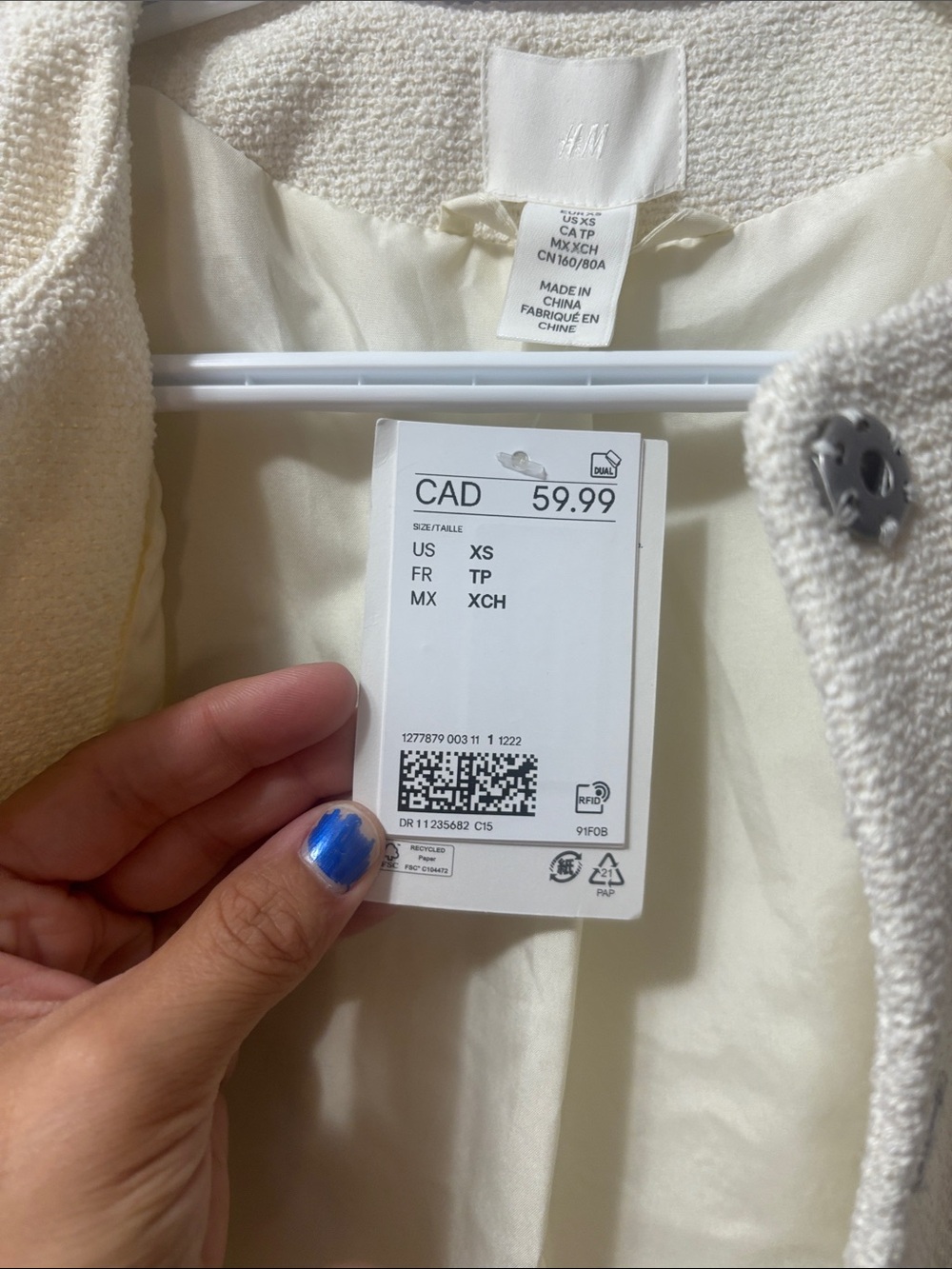 NWT H&M Cream Short Jacket | Bouclé Tweed Cropped Collarless Snap Button | XS - Picture 8 of 10